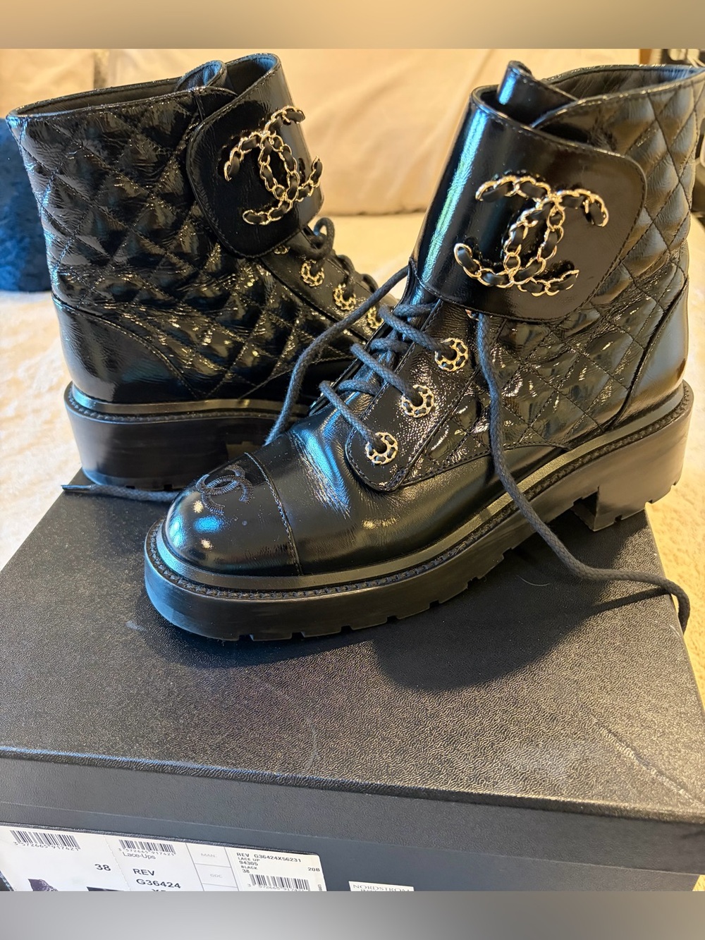 Authentic CHANEL Black Quilted Patent Leather Lace-Up Combat Boots with Chain CC